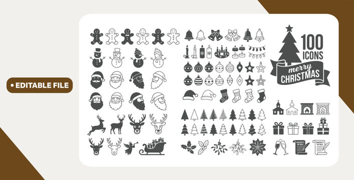 Christmas Silhouette Icons Vector Bundle Reindeer Snowflakes Gifts Trees Santa Hat Sleigh Ornaments Stars