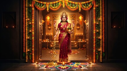 Goddess lakshmi standing in a decorated doorway for diwali