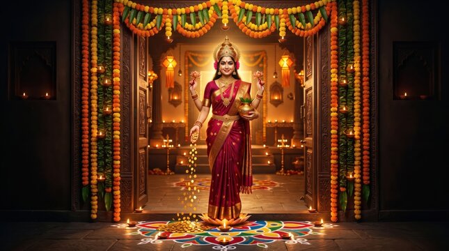 Goddess lakshmi standing in a decorated doorway for diwali