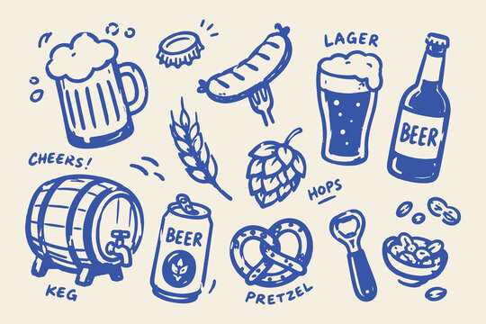 Beer and Oktoberfest Snacks Set Blue Doodle Sketch Vector