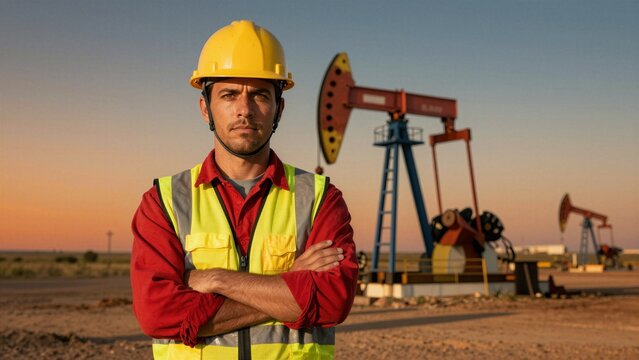 A worker in a yellow hard hat and safety vest stands with arms crossed, posing confidently in front of operating pumpjacks under a warm sunset sky.