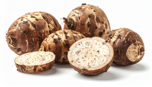 Freshly harvested taro roots on white