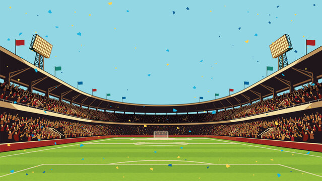 Soccer stadium have full of fans celebrated wide angle with confetti horizontal template have blank space.