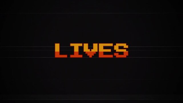 Retro 8 Bit Lives Text Animation with Glitch Effects, Vintage Arcade Game, CRT Scanline Style, Old TV Interference, Pixel Art, Nostalgic Gaming Console Aesthetic 4k video
