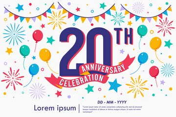 20th years anniversary celebration emblem logo isolated with balloons, bunting flag, ribbon, fireworks and stars. vector illustration template design for web, flyers, poster, greeting card © thitiwat