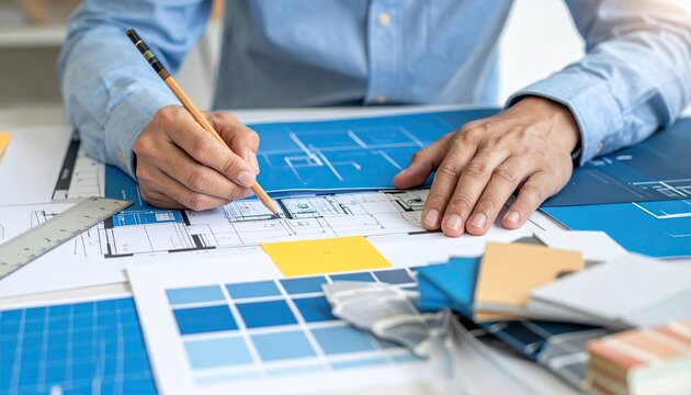 Architect designer Interior creative working hand drawing sketch plan blue print selection material color samples 