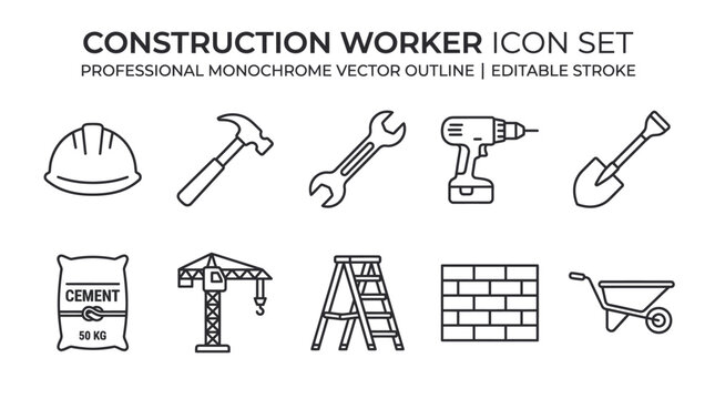 black and white construction worker icon set featuring helmet, hammer, wrench, drill, cement bag, crane, ladder, brick wall, wheelbarrow, shovel, minimal outline vector style