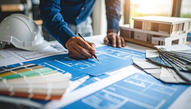 Architect designer Interior creative working hand drawing sketch plan blue print selection material color samples 