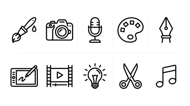 black and white creative worker icon set featuring paint brush, camera, microphone, palette, pen tool, tablet, video editing, light bulb, scissors, music note, minimal outline vector style