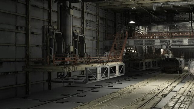 Wide hangar inspection bay with fuselage sections, elevated platforms, maintenance lights, empty tool carts, industrial echo and droneready environment