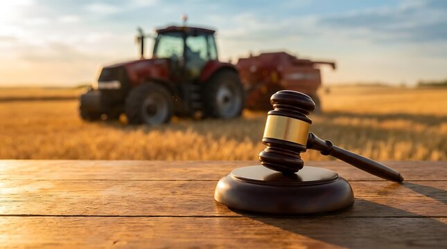 Gavel placed on wooden table in wheat field at sunset with tractor in background symbolizing agricultural law and justice, farmland policy and legal decisions.