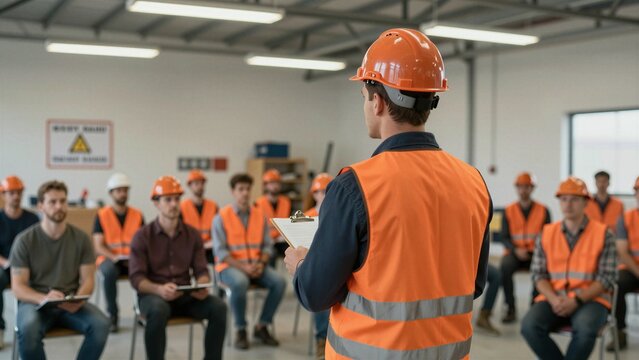 A construction worker in an orange hard hat and safety vest leads a training session, with other workers attentively listening in a workshop setting.