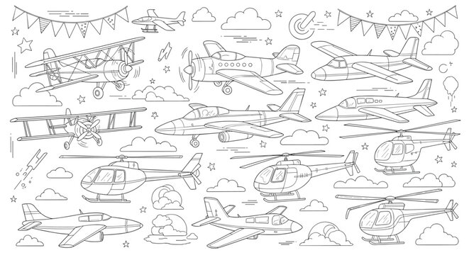 Black and white line art coloring page for children featuring various types of airplanes and helicopters flying among clouds and flags.