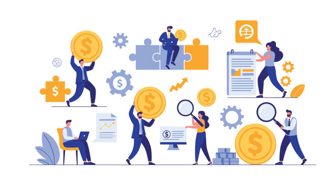 Business concept illustration showing tiny people working together with money coins, puzzle pieces, magnifying glasses, and charts.