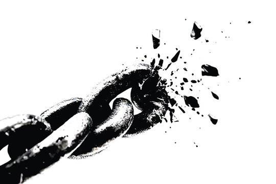 breaking chain with shattered fragments black and white illustration on white background