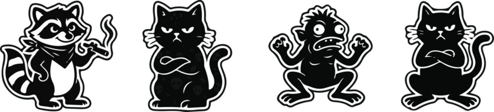 Vector sticker set of quirky animal characters featuring a smoking raccoon, grumpy skull cat, and frantic goblin monster
