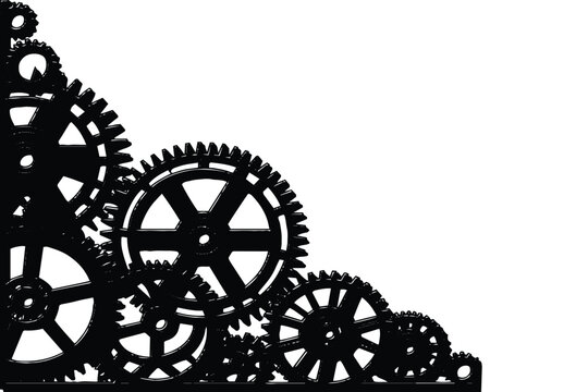 Black gear collection silhouette against a white background mechanical clockwork design