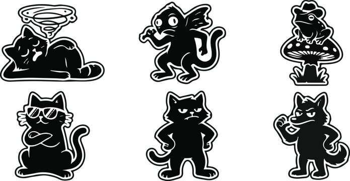 Vector sticker set featuring quirky cartoon animal characters including cool cats, a cowboy frog, and mythical creatures