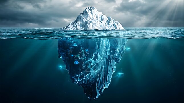 Enormous iceberg with glowing digital network structure submerged deep underwater beneath dramatic stormy skies symbolizing big data or hidden potential and risk.