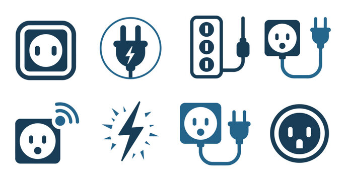 Electric Plug and Socket Icon Set with Power Outlet and Energy Connection Symbols for Technology Design