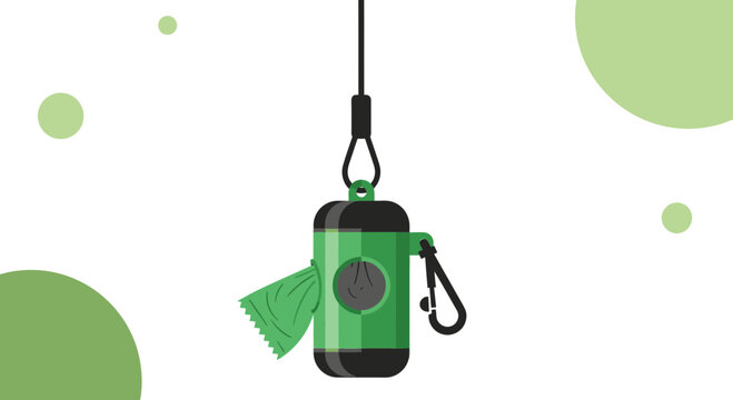 Green pet waste bag dispenser with poop bags, hanging on a leash clip, isolated on white background with green circles.