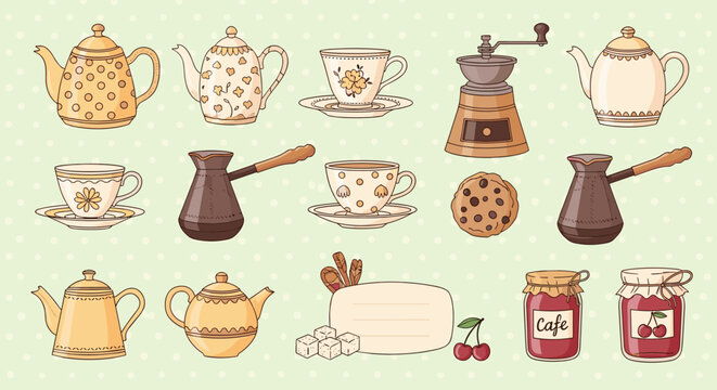 Vintage kitchen accessories set with teapots coffee cups grinder and jam jars for cozy home design projects.