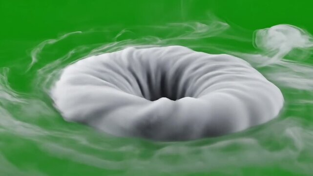White dense smoke swirling to form a perfect ring vortex against a green screen background for video editing and motion graphics.