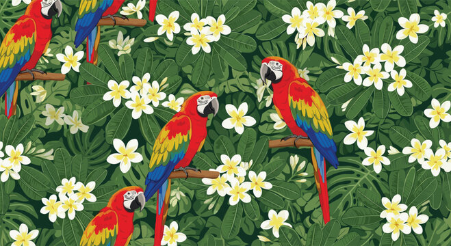 Seamless tropical pattern with scarlet macaw parrots and plumeria flowers for exotic wildlife backgrounds.