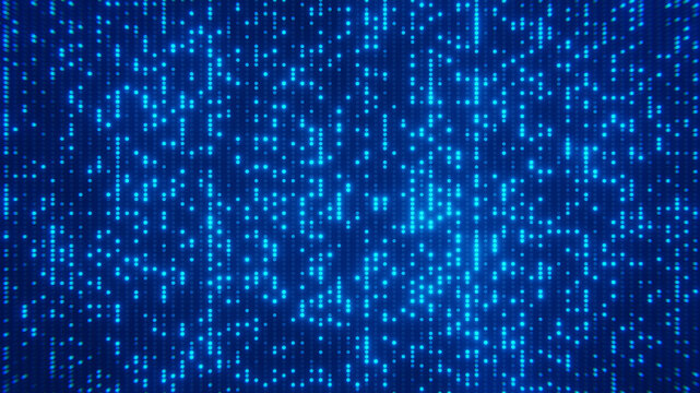 Digital data matrix with glowing blue dots on a dark background