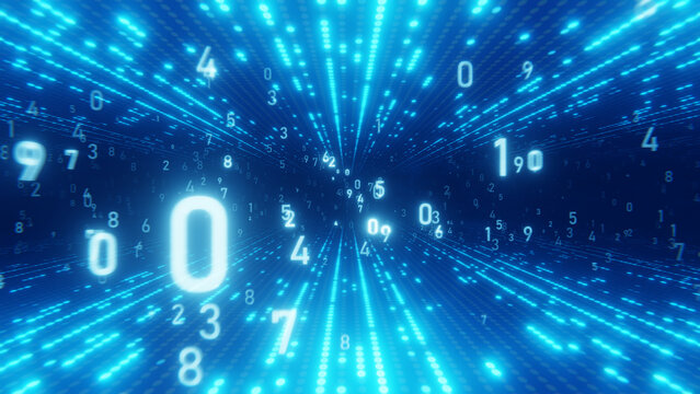 Digital data stream with numbers floating in a futuristic blue tunnel