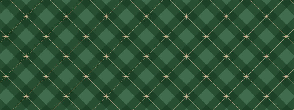 Christmas rhombus seamless pattern. Xmas plaid texture with gold line and stars. Green argyle geometric diamond abstract pattern. Christmas wrapping. Vector illustration isolated on green background.