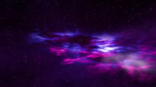 3D Scientific and Cinematic space flight towards glowing magenta and blue dynamic transforming nebulas among twinkling countless galaxy stars. Flying through sci-fi cosmic animation.