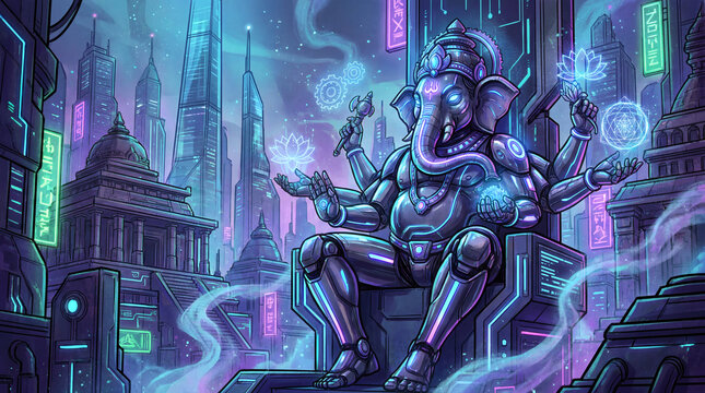 Robotic elephant deity sitting on throne in futuristic neon city