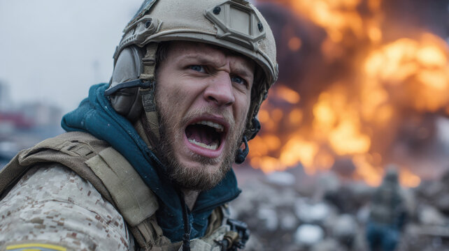Shocked traumatized soldier on war scene, explosions in the background