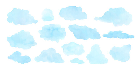 Obraz premium Soft blue watercolor clouds float across white vector illustration set, perfect for dreamy sky designs, abstract art projects, and elegant creative backdrops with gentle brush strokes collection.