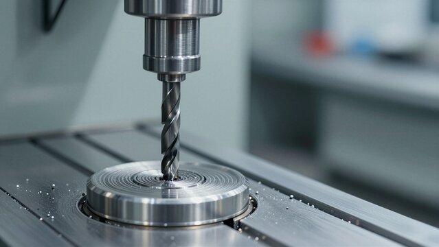Close-up of a drill bit penetrating a metal billet on an industrial CNC machine, with coolant spray.