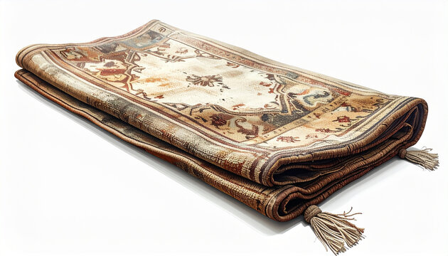 Folded decorative rug on white surface