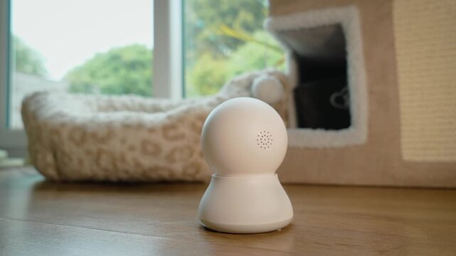 Smart pet monitoring camera near cat bed and indoor pet house for remote observation. Connected home surveillance device supporting cat care, pet safety, and owner monitoring in cozy interior. AI pet