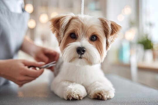 A small dog is resting on a grooming table while a person trims its nails. The scene shows careful attention to the dog's comfort. The setting is bright and well-lit