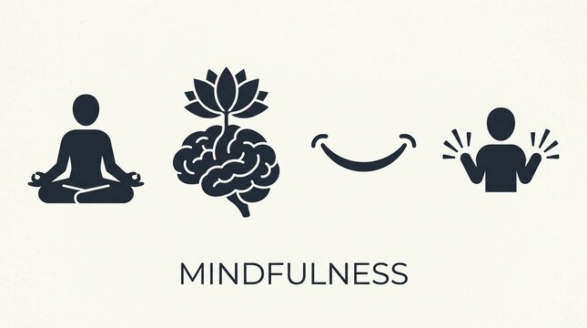 Mindfulness concept: person meditating brain with lotus flower smile joyful