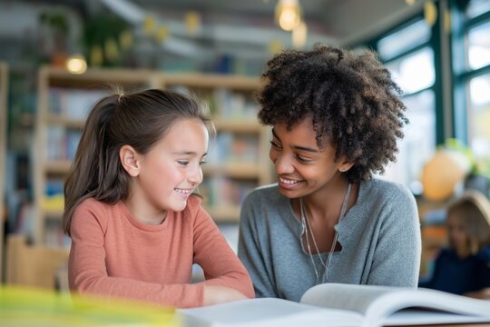 Young girl with dyslexia receiving patient one-on-one reading support from a teacher, both smiling over a book, warm classroom light, learning concept