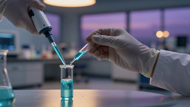 Close-up of gloved hands conducting precise liquid transfer in a modern laboratory setting with soft focus background.