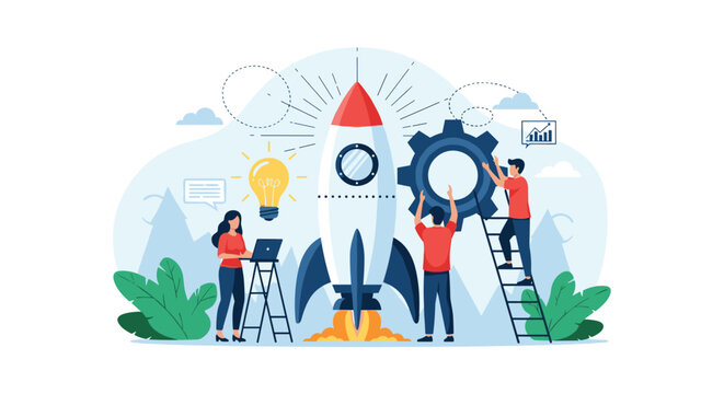 Business concept of a successful startup launch with team members working together to prepare a rocket for takeoff on a white background.