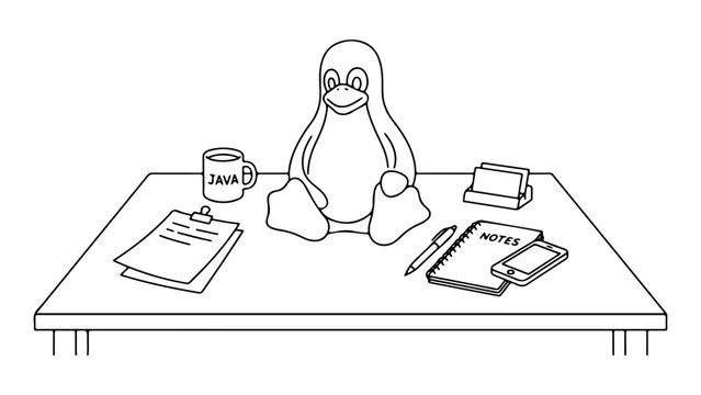 Tux Linux Penguin mascot sitting on desk with Linux mug, notebook, phone and office supplies