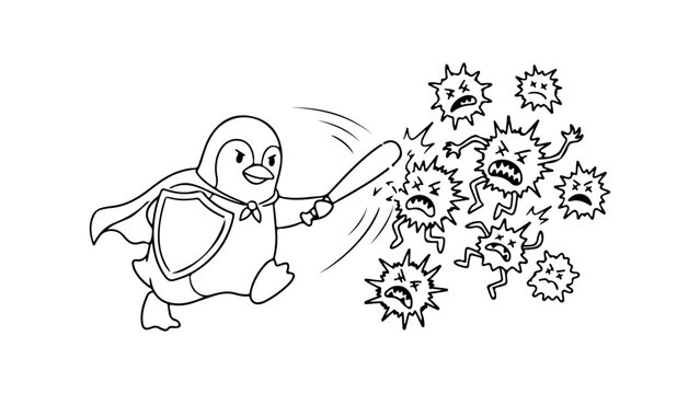 superhero Linux penguin fighting germs and viruses with shield and bat illustration for health protection