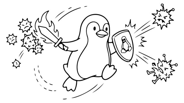 cute Linux penguin fighting off the viruses on white background, simple line art of a Linux penguin with shield and fire sword fighting viruses