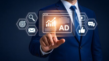 Obraz premium Futuristic ad campaign interface with social media marketing and analytics icons