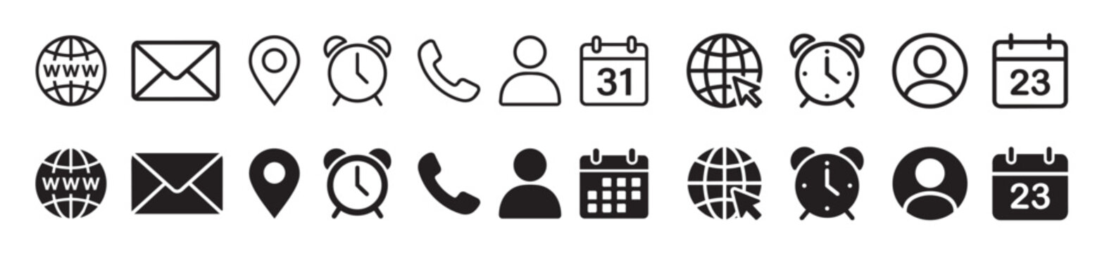 Set of common contact icons in outline and solid style vector