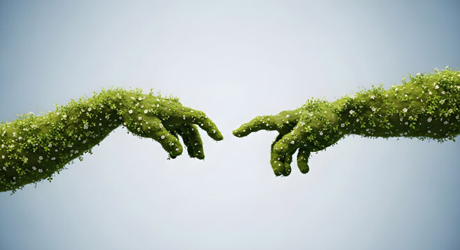 Two hands covered in vibrant green moss and tiny white flowers reaching towards each other in a symbolic artistic photograph that captures the essence of nature connection and creative growth