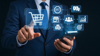 Naklejka premium Online shopping business concept with holographic cart payment service and customer growth symbols
